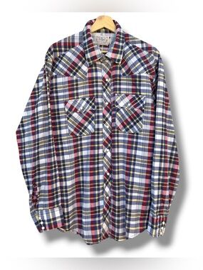Vintage 70s Mr. Leggs LLL Pearl Snap Western Flannel Shirt Size XL White Blue
